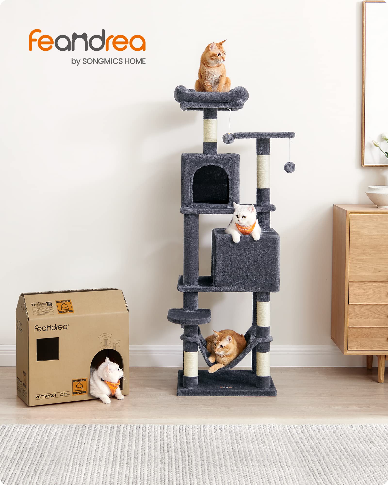 Feandrea Cat Tree, 61-Inch Cat Tower for Indoor Cats, Plush Multi-Level Cat Condo with 5 Scratching Posts, 2 Perches, 2 Caves, Hammock, 2 Pompoms, Smoky Gray UPCT192G01