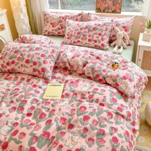 LIWHENHAO Rabbit Duvet Cover Set Queen 100% Cotton Bedding Cartoon White Bunny Red Flower on Pink 1 Cute Comforter Cover Full Zipper Closure 2 Pillowcases for Kids Girls Boys Woman