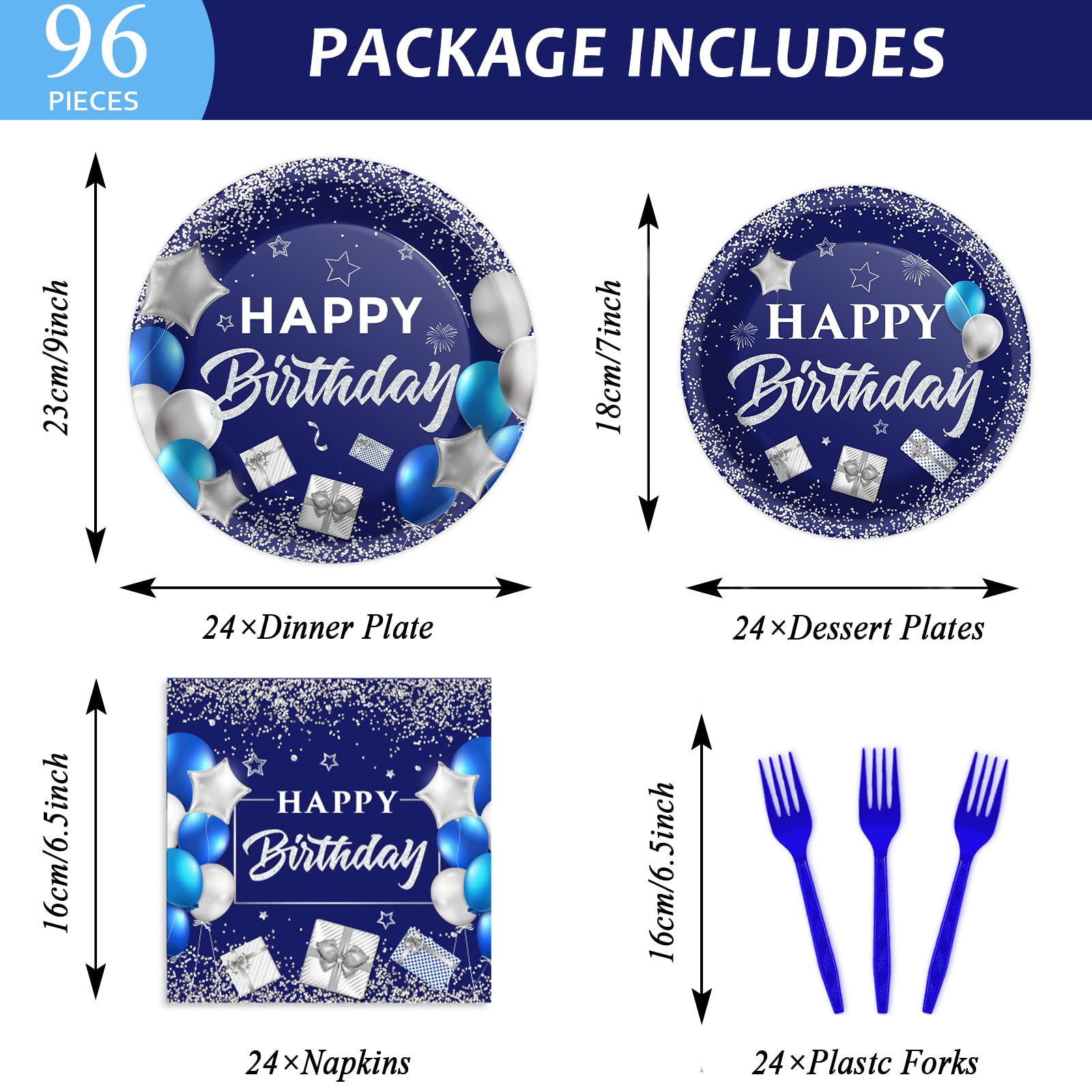 Wiooffen Blue Birthday Party Tableware Set for 24 Guests Navy Blue and Silver Happy Birthday Party Decorations for Men Women Birthday Paper Plates Napkins and Forks 96 Pieces