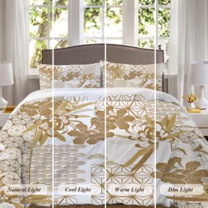 Shrahala Gold Japanese Floral Duvet Cover Set Queen Size, Spring 3 Pieces Soft Brushed 100% Cotton Duvet Covers with Button Closure, 1 Duvet Cover 90x90 inches and 2 Pillow Shams