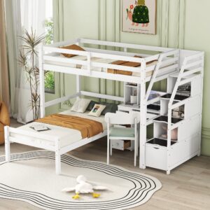 Harper & Bright Designs Twin Size Loft Bed with Stairs, Wood Twin Storage Loft Bed with Desk,Shelves and Drawers,Loft Bed Twin with a Removable Bottom Bed for Kids Girls Boys, White