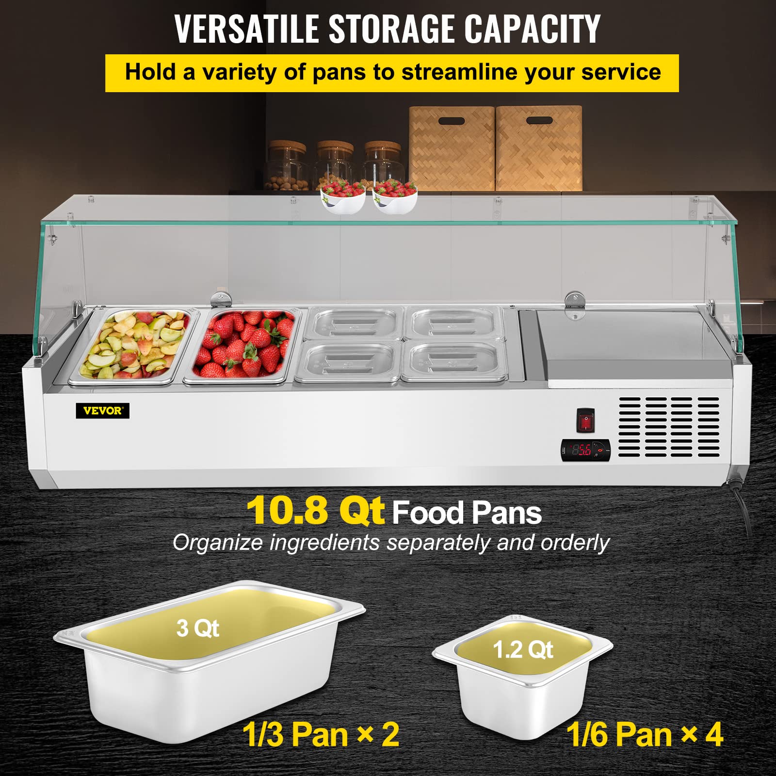 VEVOR Refrigerated Condiment Prep Station, 48-Inch, 10.8Qt Sandwich Prep Table with 2 1/3 Pans & 4 1/6 Pans, 146W Salad Bar with 304 Stainless Body Tempered Glass Shield Digital Temp Display Auto Defr