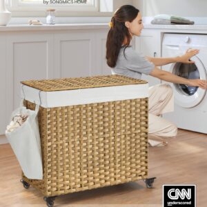 SONGMICS Laundry Hamper with Lid, 42.3 Gallons (160 L), Rolling Laundry Basket with Wheels, 3-Section Synthetic Rattan, Removable Liner, Bedroom, 27.6 x 14.2 x 26 Inches, Natural ULCB365N01