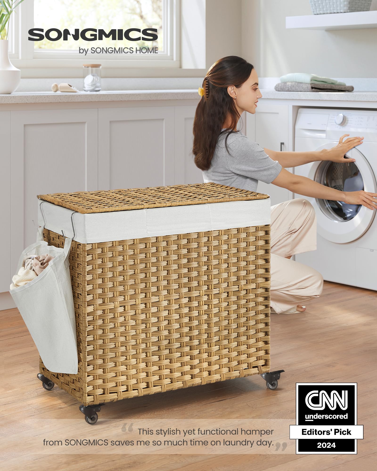 SONGMICS Laundry Hamper with Lid, 42.3 Gallons (160 L), Rolling Laundry Basket with Wheels, 3-Section Synthetic Rattan, Removable Liner, Bedroom, 27.6 x 14.2 x 26 Inches, Natural ULCB365N01