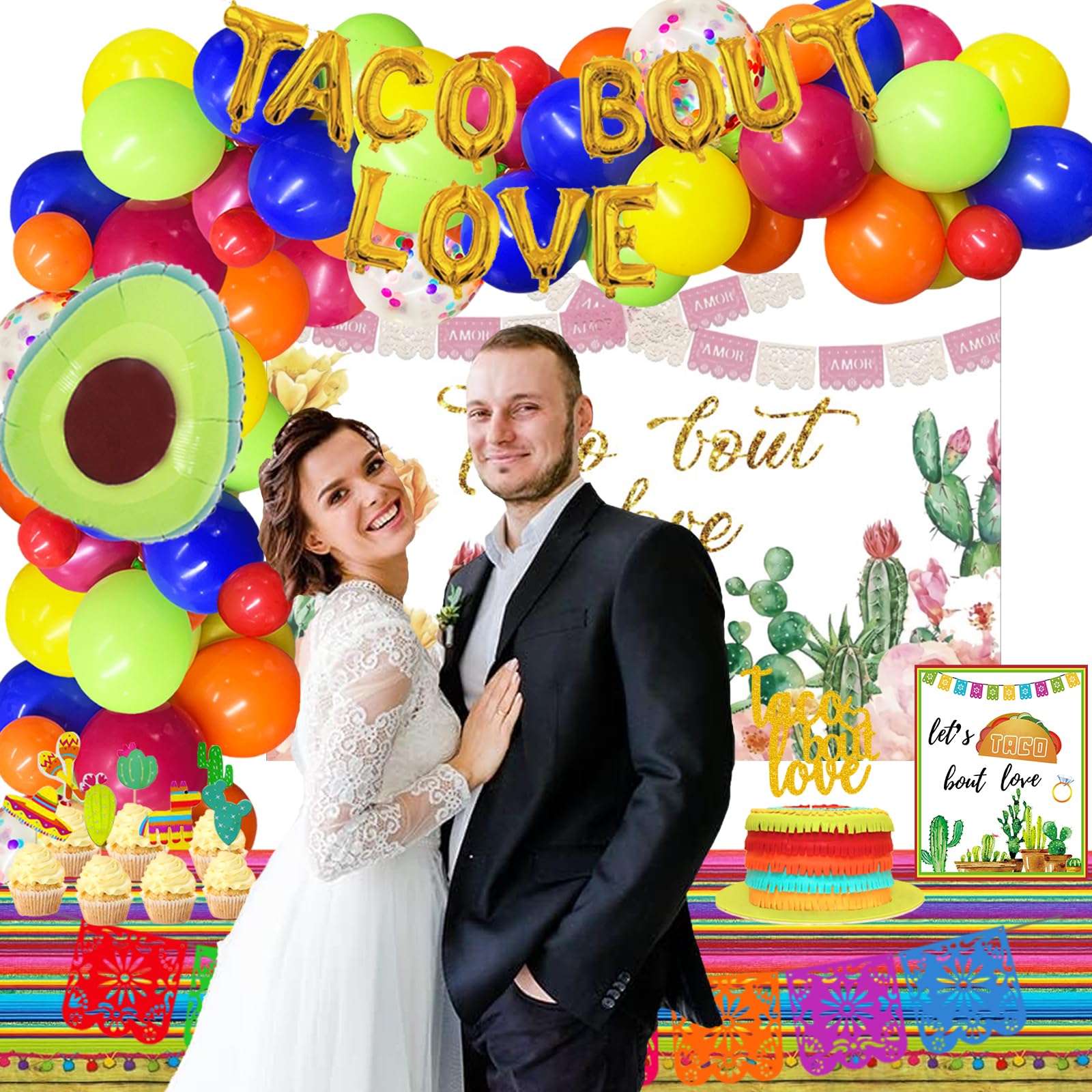 Fiesec Taco Bout Love Decorations, Mexican Themed Engagement Bridal Shower Bachelorette Decorations Backdrop Balloon Garland Banner Tablecloth Cake Cupcake Topper Poster Taco Ring