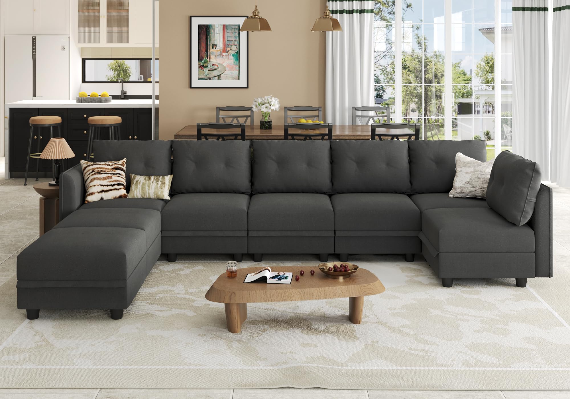 LLappuil Oversized Velvet Modular Sofa 10 Seater U Shaped Sectional with Storage Waterproof, Anti-Scratch Sectional Couch with Reversible Chaise, Grey Brown