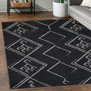 Machine Washable Area Rug Non Slip Backing & Ultra-Thin & Stain Resistant & Eco Friendly & Family and Pet Friendly - Everest Geometric Modern Bordered Black & Creme Design 8'x10'