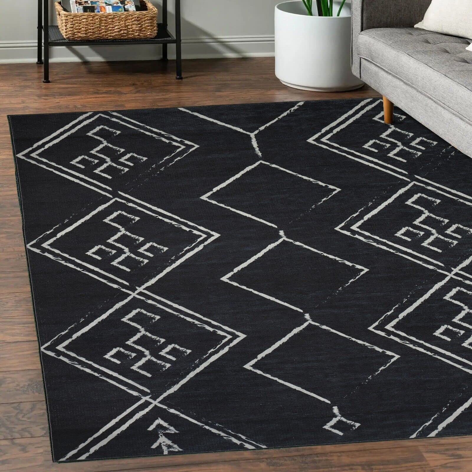 Machine Washable Area Rug Non Slip Backing & Ultra-Thin & Stain Resistant & Eco Friendly & Family and Pet Friendly - Everest Geometric Modern Bordered Black & Creme Design 8'x10'