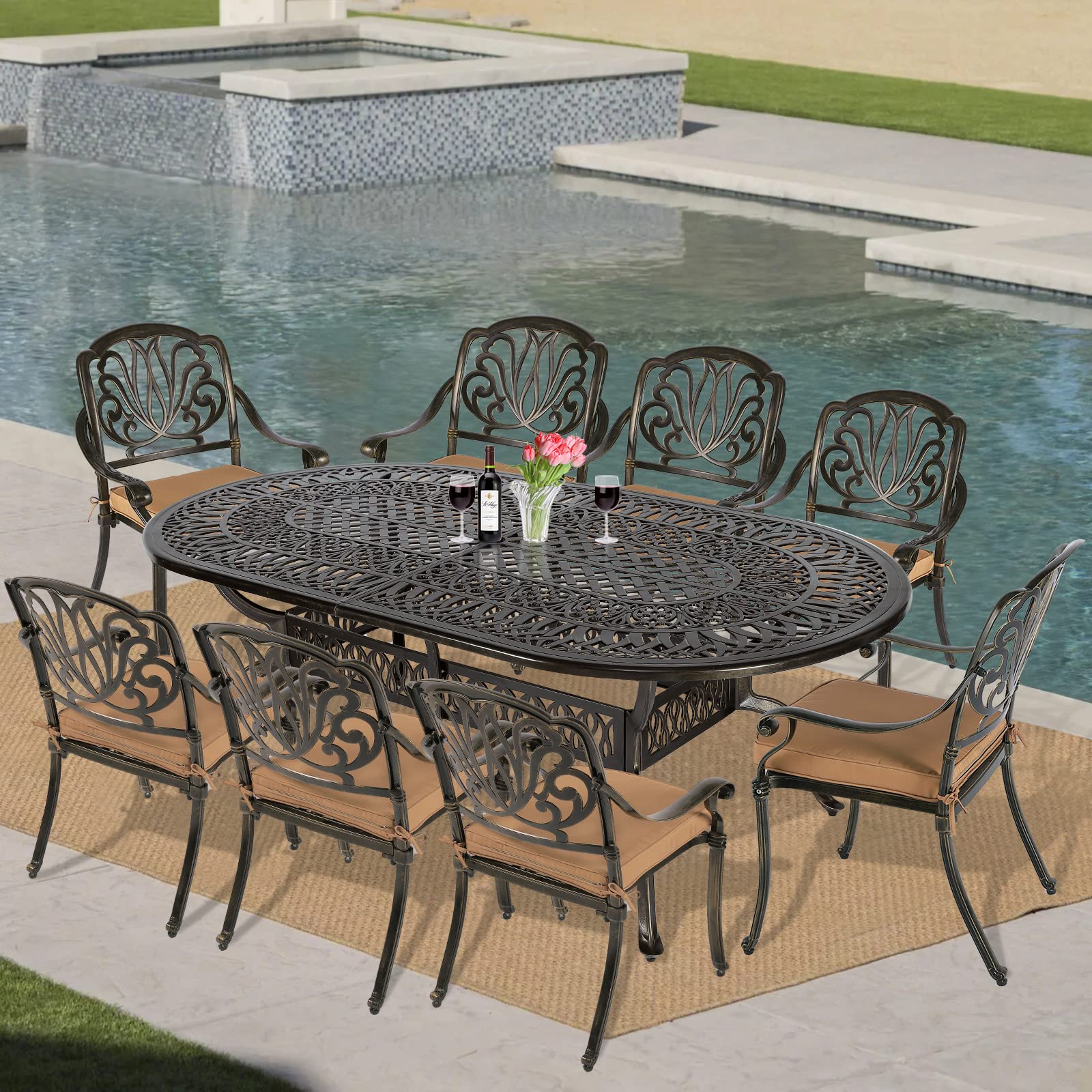 VIVIJASON 9-Piece Outdoor Furniture Dining Set, All-Weather Cast Aluminum Patio Conversation Set, Include 8 Cushioned Chairs and an Oval Table with Umbrella Hole for Balcony Lawn Garden Backyard