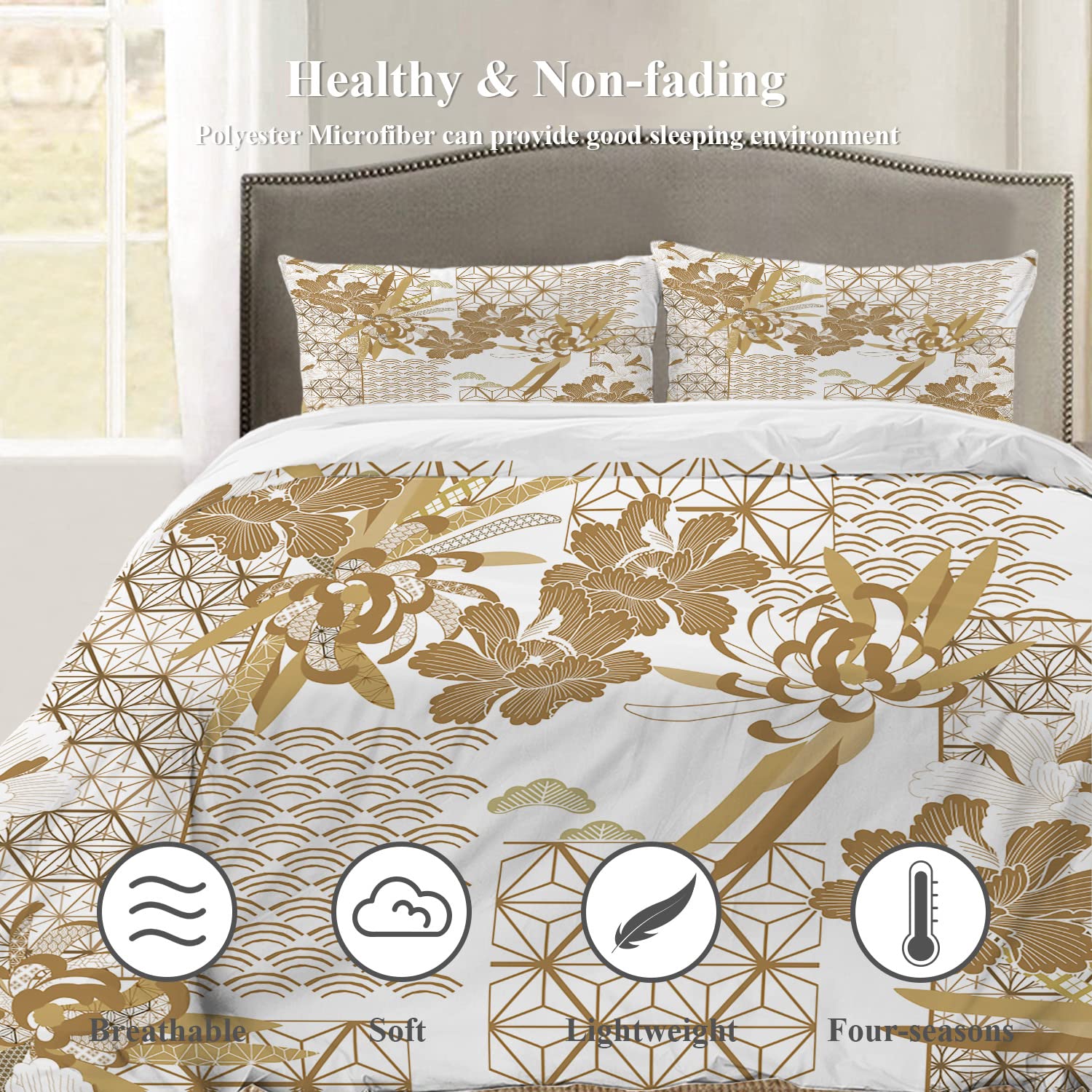 Shrahala Gold Japanese Floral Duvet Cover Set Queen Size, Spring 3 Pieces Soft Brushed 100% Cotton Duvet Covers with Button Closure, 1 Duvet Cover 90x90 inches and 2 Pillow Shams