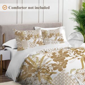 Shrahala Gold Japanese Floral Duvet Cover Set Queen Size, Spring 3 Pieces Soft Brushed 100% Cotton Duvet Covers with Button Closure, 1 Duvet Cover 90x90 inches and 2 Pillow Shams