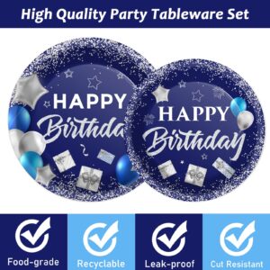 Wiooffen Blue Birthday Party Tableware Set for 24 Guests Navy Blue and Silver Happy Birthday Party Decorations for Men Women Birthday Paper Plates Napkins and Forks 96 Pieces