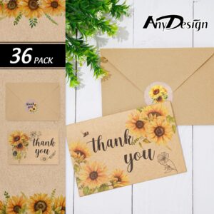 AnyDesign 36 Pack Kraft Sunflower Thank You Cards Assortment Bulk Spring Summer Flower Blank Note Cards with Envelope Stickers Floral Thank You Greeting Cards for Wedding Baby Bridal Shower, 4 x 6