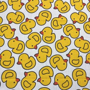 AMORNPHAN 44 Inch Yellow Bird Happy Rubber Duck Printed On White Cotton Fabric Themed Pattern with Ducks for Craft Cloth Kid Patchwork Handmade Sewing Crafting for 1 Yard