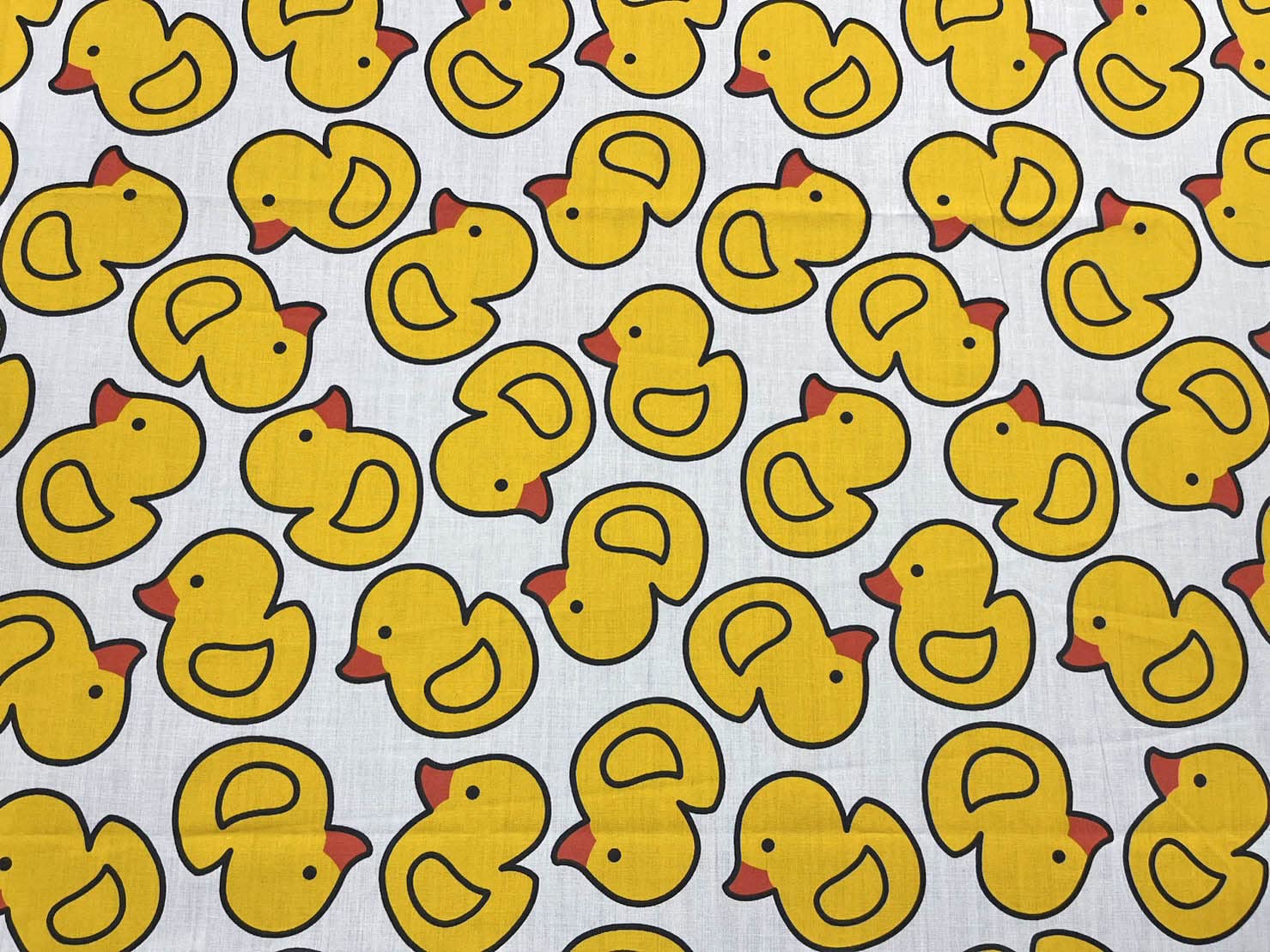 AMORNPHAN 44 Inch Yellow Bird Happy Rubber Duck Printed On White Cotton Fabric Themed Pattern with Ducks for Craft Cloth Kid Patchwork Handmade Sewing Crafting for 1 Yard