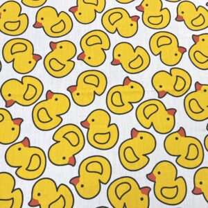 AMORNPHAN 44 Inch Yellow Bird Happy Rubber Duck Printed On White Cotton Fabric Themed Pattern with Ducks for Craft Cloth Kid Patchwork Handmade Sewing Crafting for 1 Yard