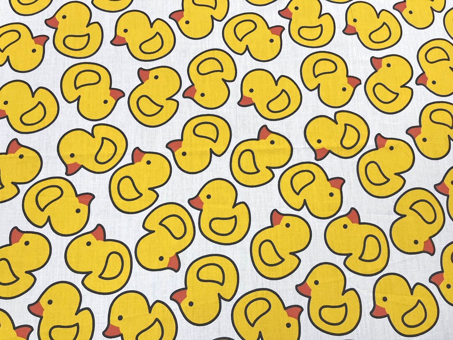 AMORNPHAN 44 Inch Yellow Bird Happy Rubber Duck Printed On White Cotton Fabric Themed Pattern with Ducks for Craft Cloth Kid Patchwork Handmade Sewing Crafting for 1 Yard