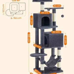 Feandrea Cat Tree, 61-Inch Cat Tower for Indoor Cats, Plush Multi-Level Cat Condo with 5 Scratching Posts, 2 Perches, 2 Caves, Hammock, 2 Pompoms, Smoky Gray UPCT192G01