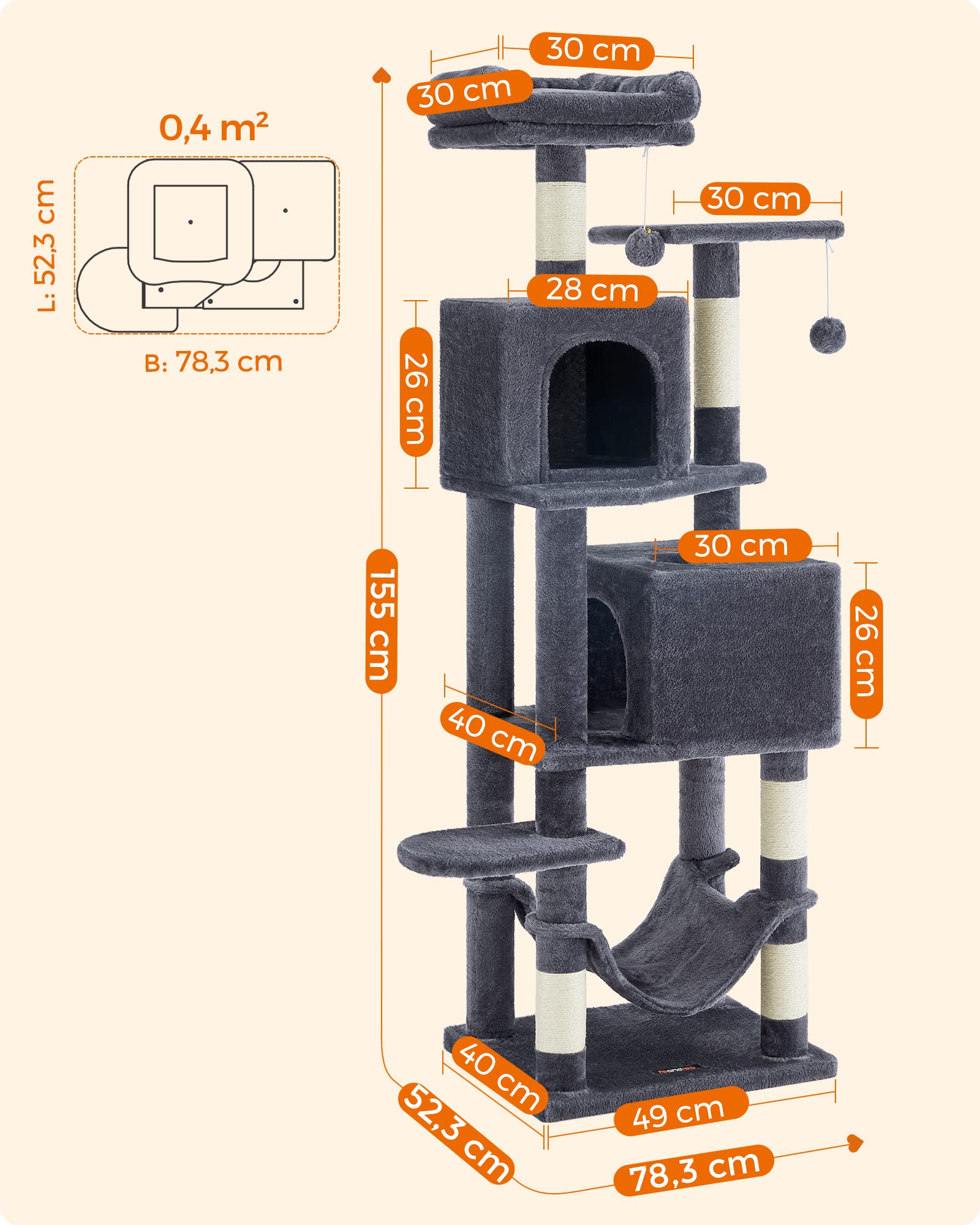 Feandrea Cat Tree, 61-Inch Cat Tower for Indoor Cats, Plush Multi-Level Cat Condo with 5 Scratching Posts, 2 Perches, 2 Caves, Hammock, 2 Pompoms, Smoky Gray UPCT192G01