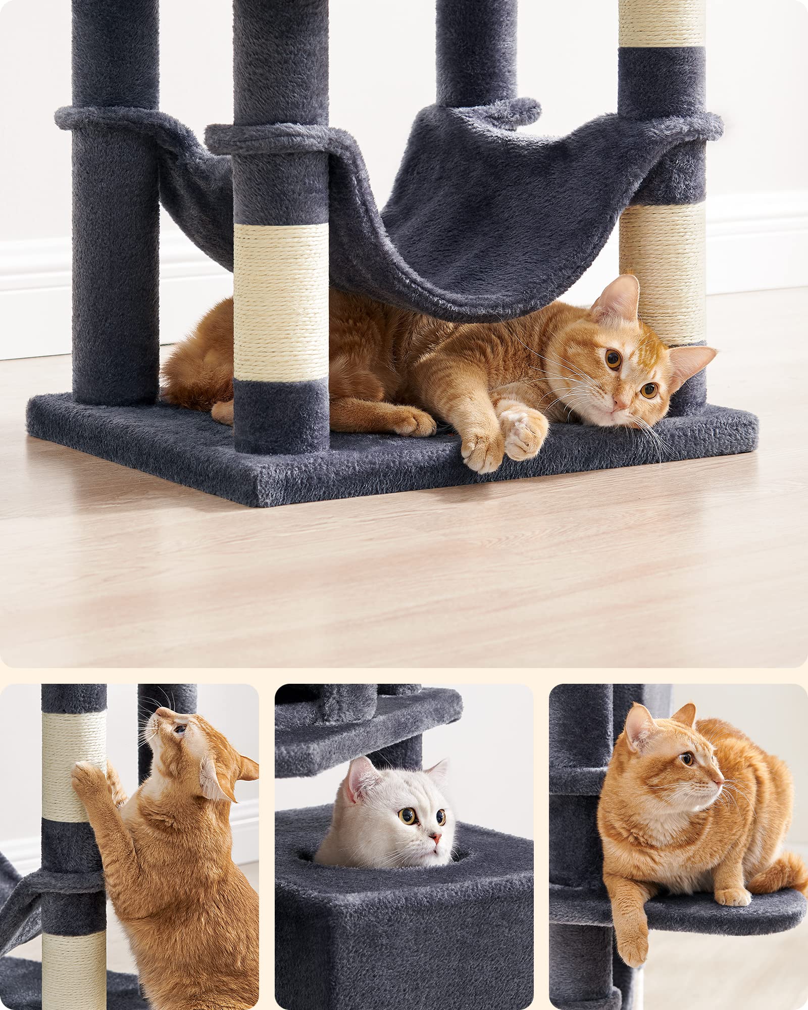 Feandrea Cat Tree, 61-Inch Cat Tower for Indoor Cats, Plush Multi-Level Cat Condo with 5 Scratching Posts, 2 Perches, 2 Caves, Hammock, 2 Pompoms, Smoky Gray UPCT192G01