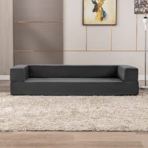 ZAFLY Upholstered Folding Sofa Bed, 80''W Velvet Convertible Sofa Couch with 3 Ottomans, Multifunctional Sleeper Bed for Bedroom/Living Room/Apartment (Dark Grey)