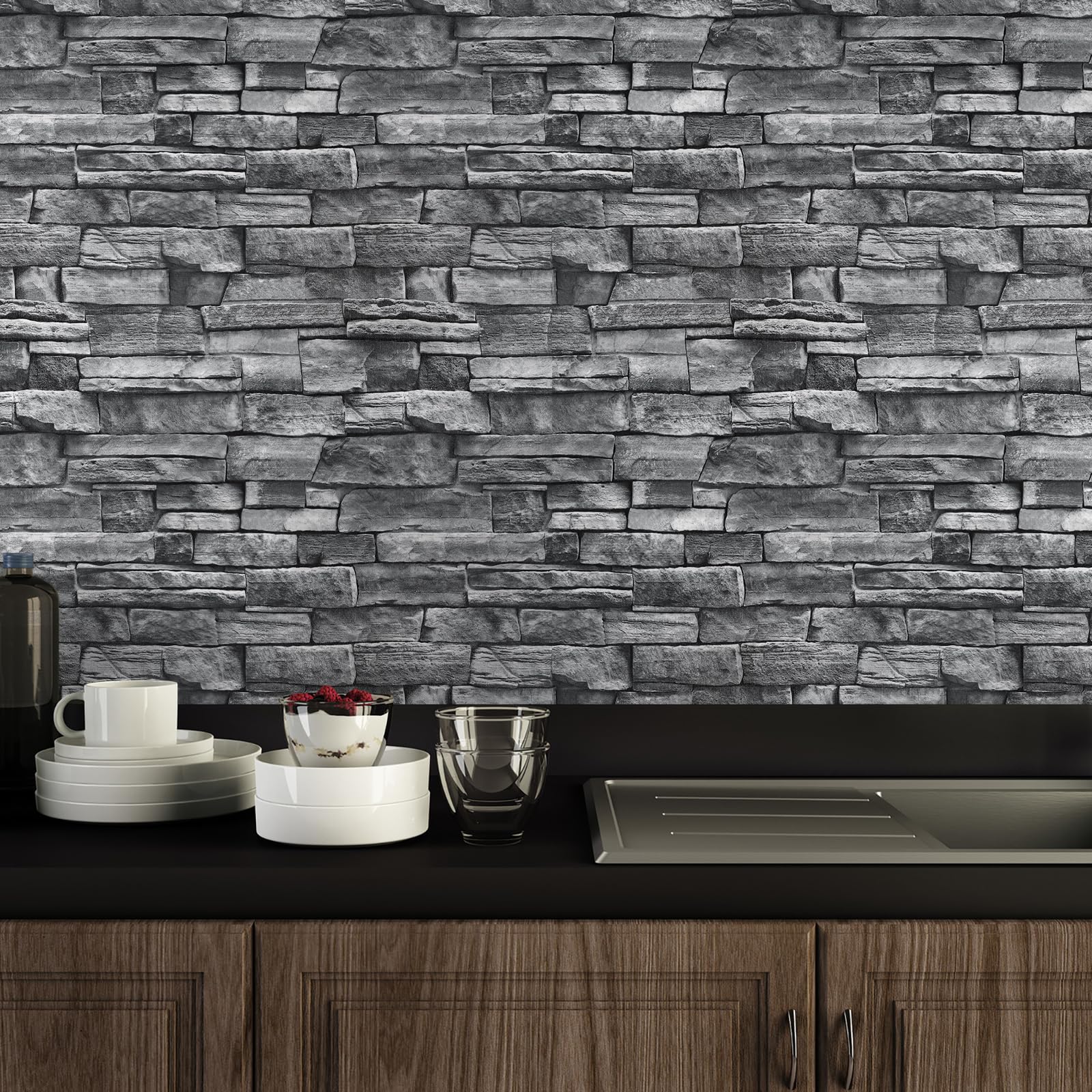 Nukofal Grey Brick Wallpaper Peel and Stick Gray Stone Contact Paper 17.7"x118.1" Faux Brick Contact Paper Backsplash Wallpaper Stone Self Adhesive Wallpaper Removable for Kitchen Textured Vinyl