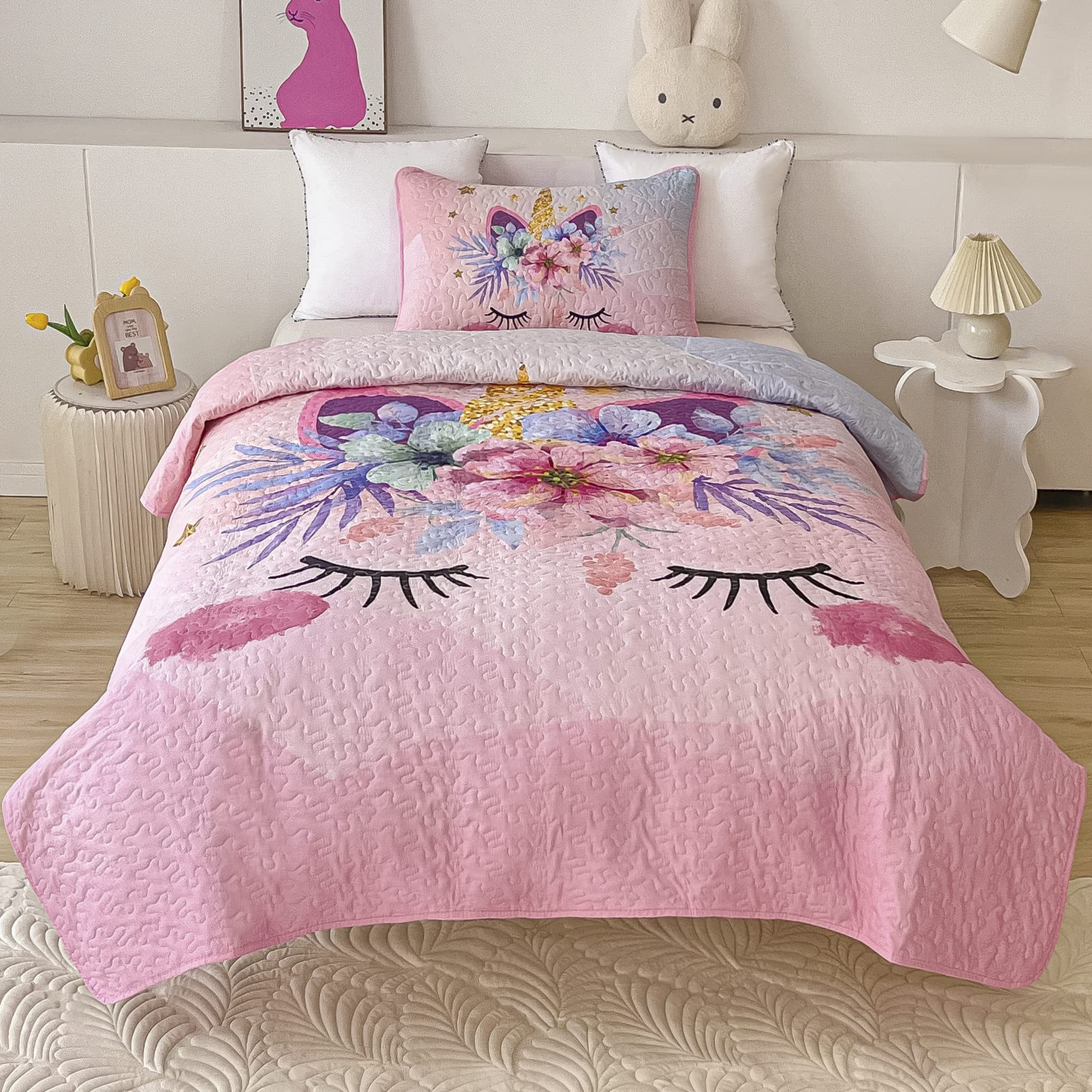 Twin Size Quilt Set for Girls 2-Piece Pink Unicorn Kids Comforter Bedding Set Stars Flowers Reversible Quilted Bedspread Coverlet Lightweight Bed Sheet Set Cover Throw Blanket with Pillow Sham