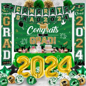 Green Gold Graduation Party Decorations 2024,Class of 2024 Graduation Party Supplies Include Congrats Grad Banner, Grad Backdrop, Porch Sign,Balloons,Foil Number 2024 for Graduation Party Supplies