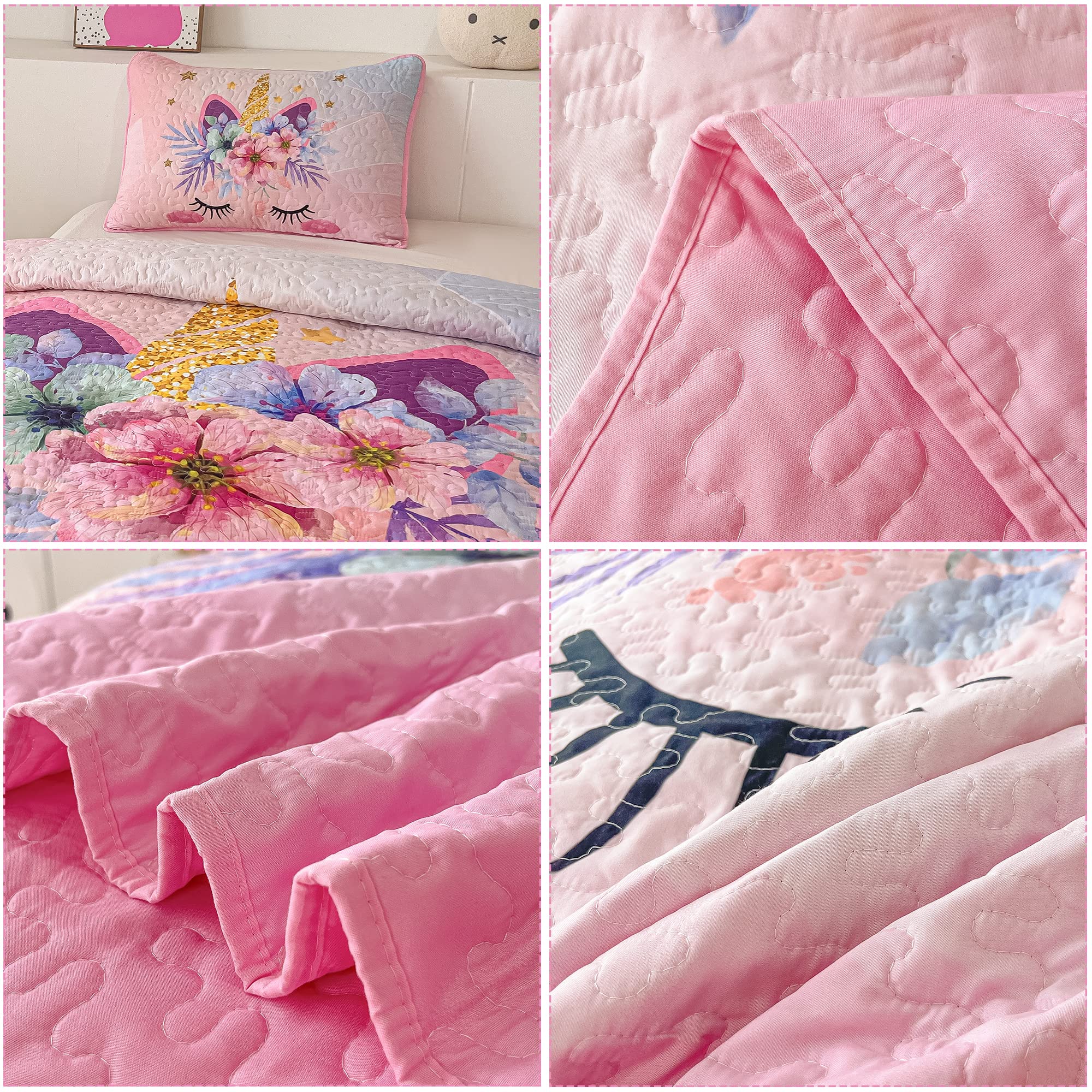 Twin Size Quilt Set for Girls 2-Piece Pink Unicorn Kids Comforter Bedding Set Stars Flowers Reversible Quilted Bedspread Coverlet Lightweight Bed Sheet Set Cover Throw Blanket with Pillow Sham