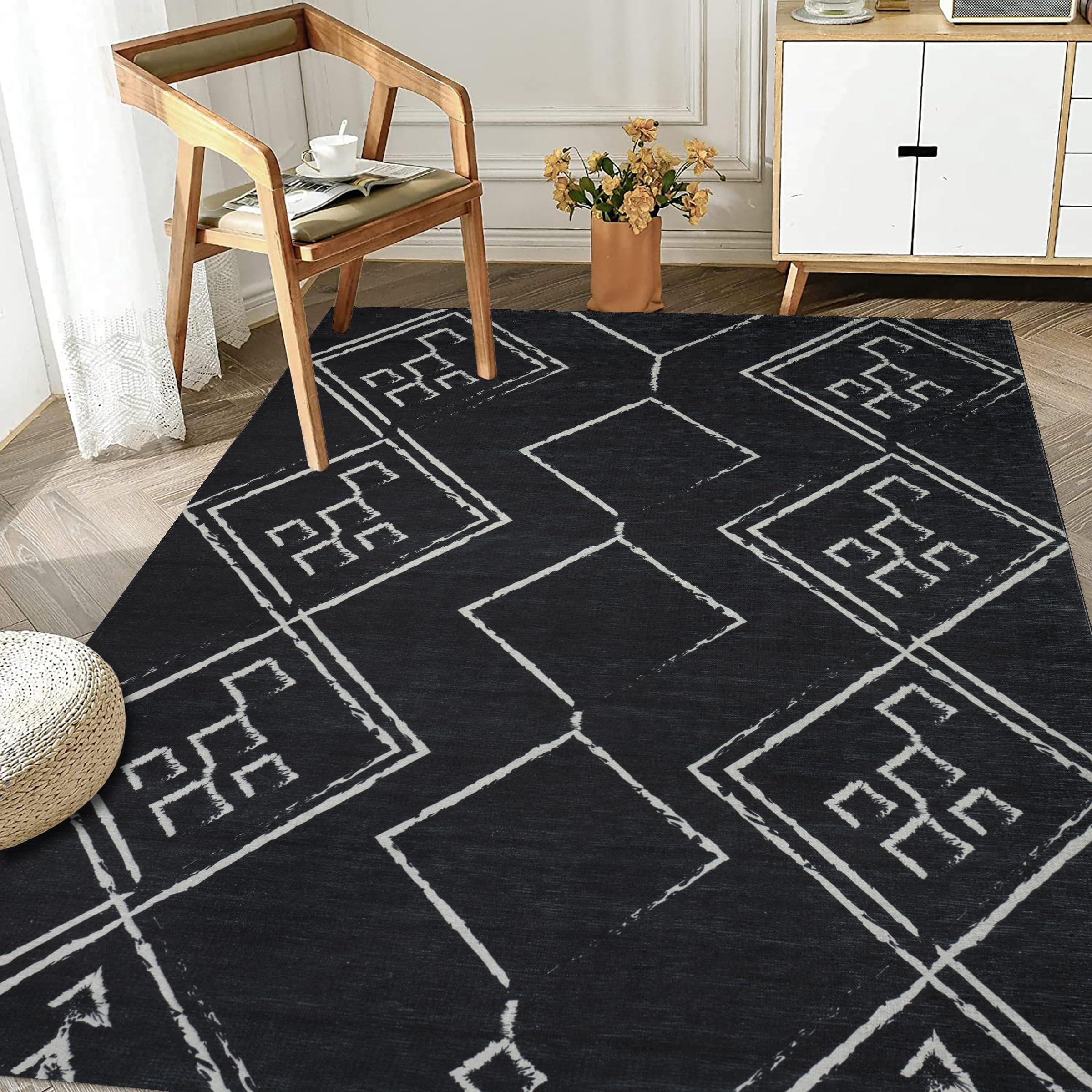 Machine Washable Area Rug Non Slip Backing & Ultra-Thin & Stain Resistant & Eco Friendly & Family and Pet Friendly - Everest Geometric Modern Bordered Black & Creme Design 8'x10'