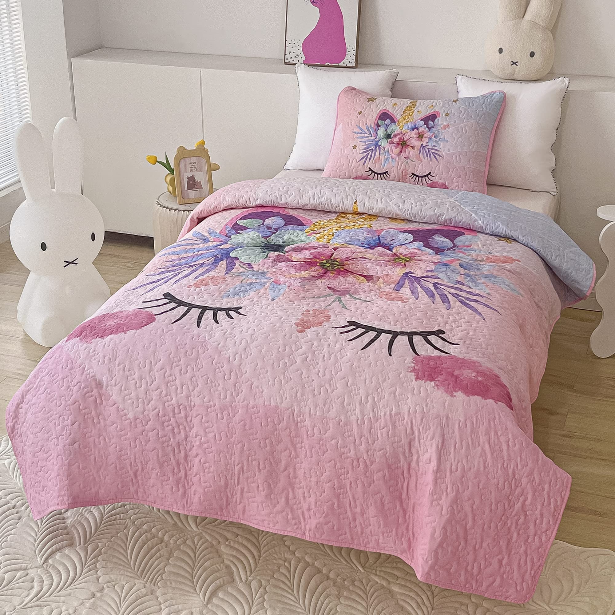 Twin Size Quilt Set for Girls 2-Piece Pink Unicorn Kids Comforter Bedding Set Stars Flowers Reversible Quilted Bedspread Coverlet Lightweight Bed Sheet Set Cover Throw Blanket with Pillow Sham