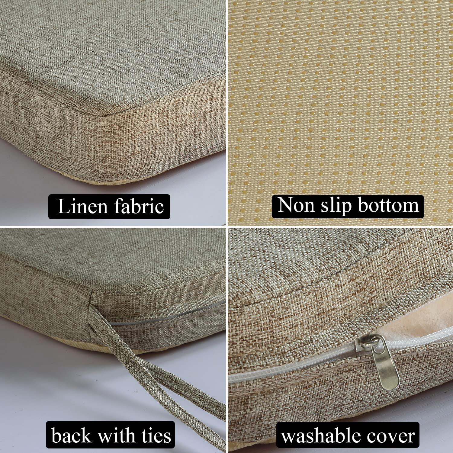 Chair Cushion for Dining Chairs with Ties Non Slip Memory Foam Kitchen Room Chair Pads for Outdoor Patio Furniture 4 Pack, Khaki