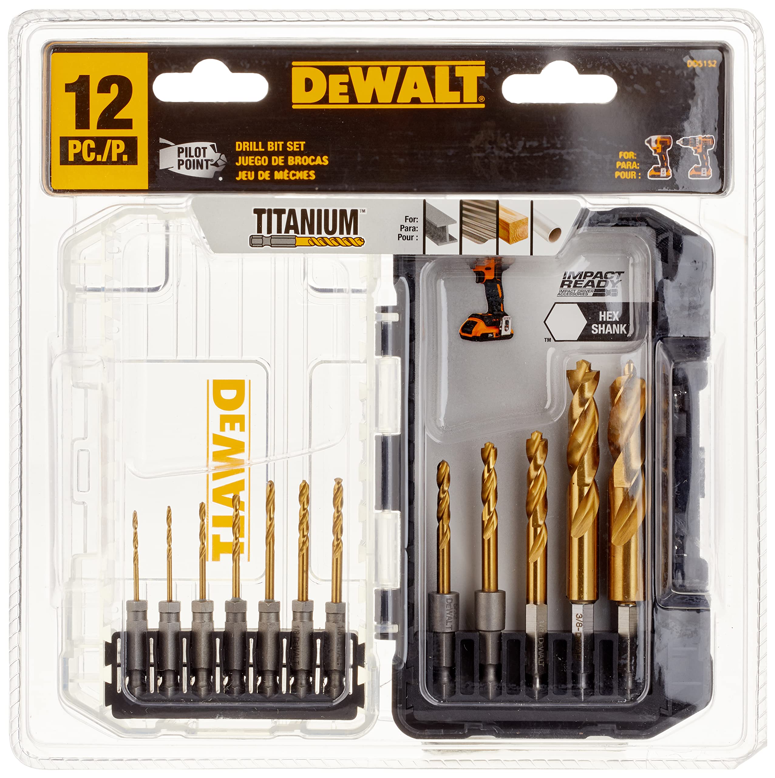 DEWALT Drill Bit Set, Titanium Impact Ready, Ideal for Metal, Wood, and Plastic, 12 Piece (DD5152)