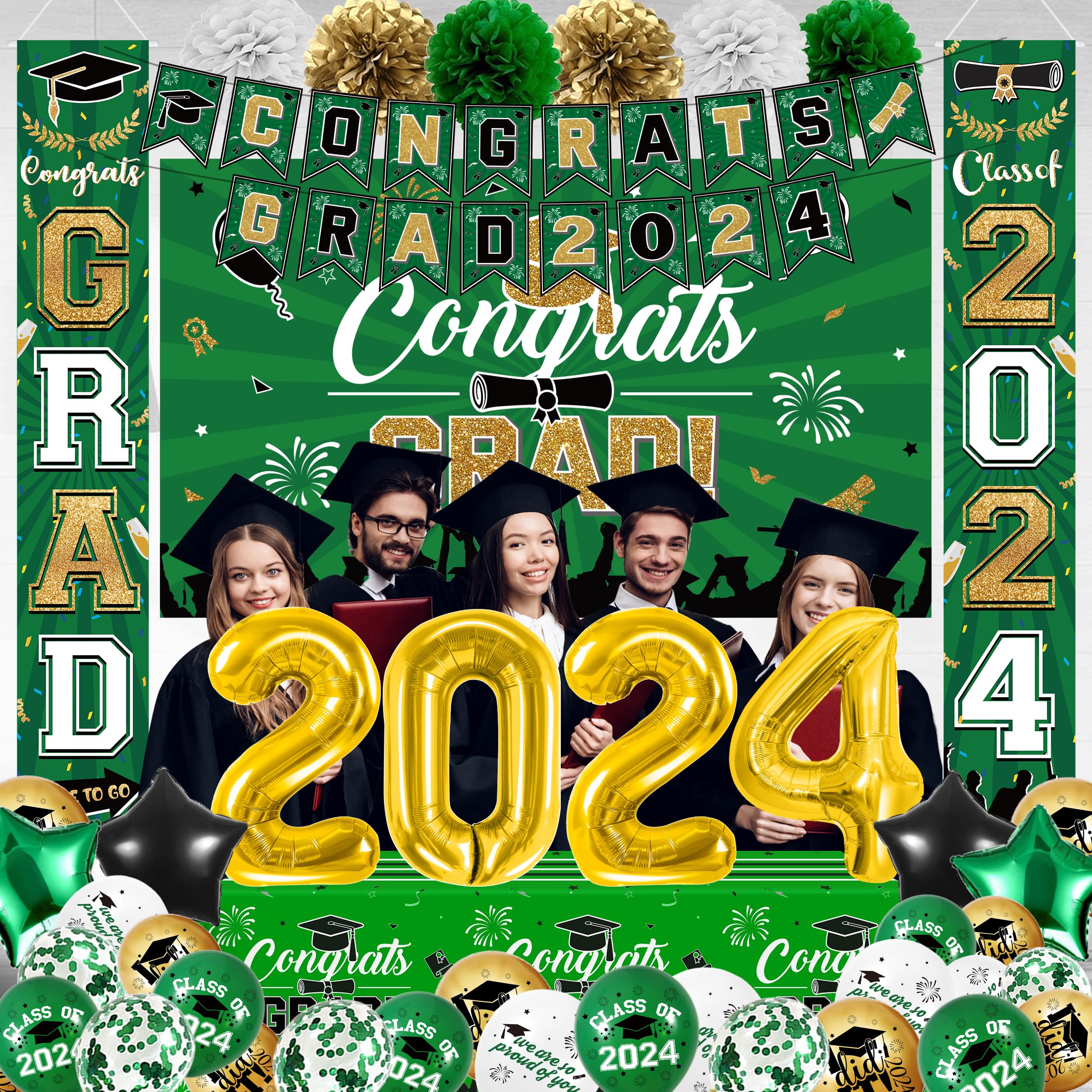 Green Gold Graduation Party Decorations 2024,Class of 2024 Graduation Party Supplies Include Congrats Grad Banner, Grad Backdrop, Porch Sign,Balloons,Foil Number 2024 for Graduation Party Supplies