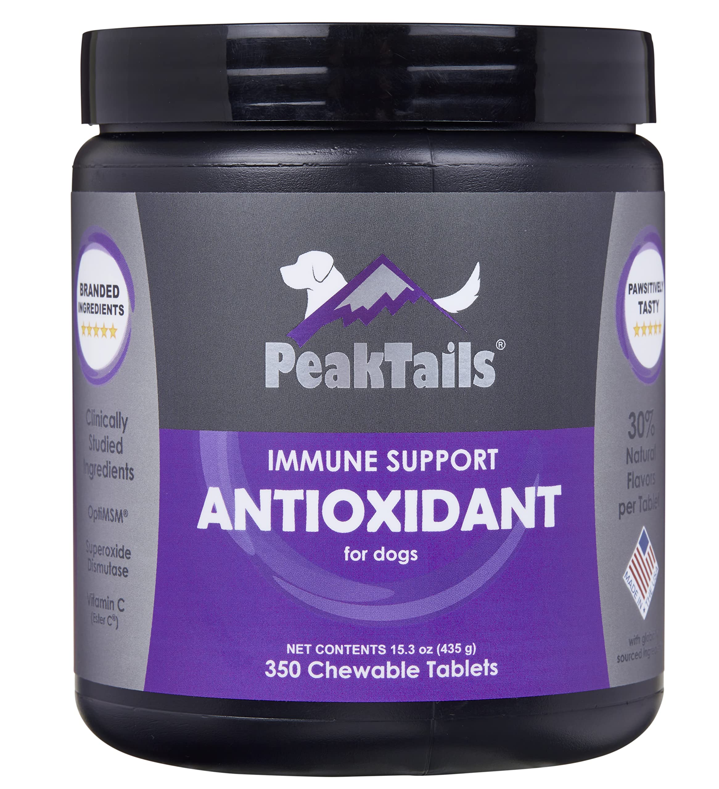 PeakTails Daily Defense Antioxidant Supplement for Dogs, Immune Support, Anti Itch & Skin Allergies, Contains MSM, Superoxide Dismutase, Selenium and Vitamin C & E, 350 Chewable Tablets, 350 Count