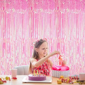 KatchOn, XtraLarge Pink Iridescent Fringe Curtain - 3.2x8 Feet | Iridescent Backdrop for Iridescent Party Decorations | Pink Birthday Decorations | Pink Fringe Backdrop for Pink Party Decorations