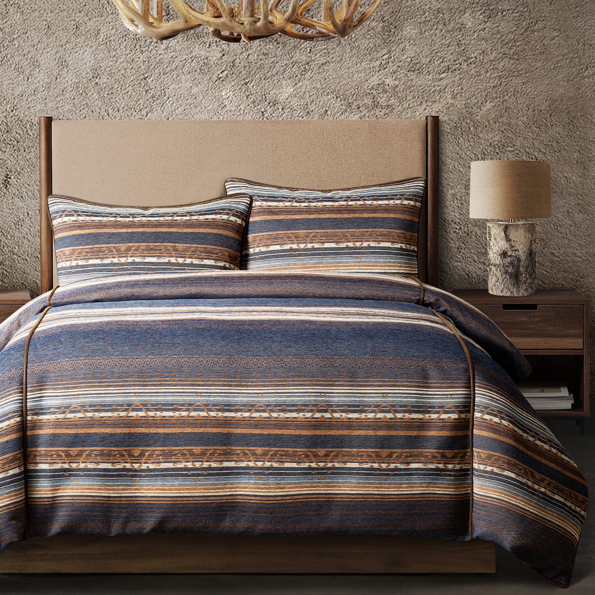 Paseo Road by HiEnd Accents Estes Western Bedding 3 Piece Super King Duvet Cover Set, Blue Striped Rustic Cabin Bed Set, Faux Leather Details, Chenille Jacquard Comforter Cover and 2 Pillow Shams