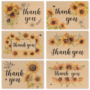 anydesign 36 pack kraft sunflower thank you cards assortment bulk spring summer flower blank note cards with envelope stickers floral thank you greeting cards for wedding baby bridal shower, 4 x 6