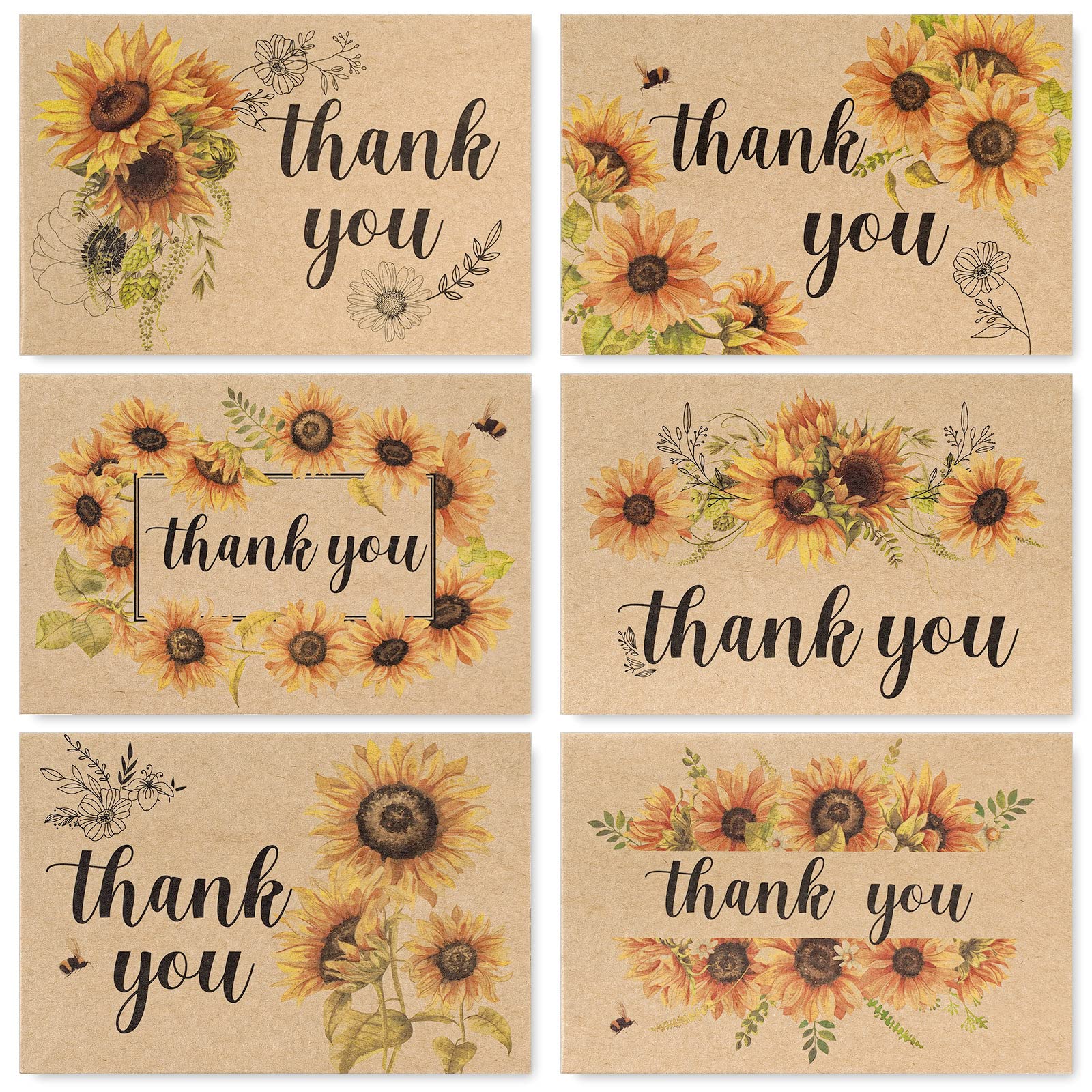 AnyDesign 36 Pack Kraft Sunflower Thank You Cards Assortment Bulk Spring Summer Flower Blank Note Cards with Envelope Stickers Floral Thank You Greeting Cards for Wedding Baby Bridal Shower, 4 x 6