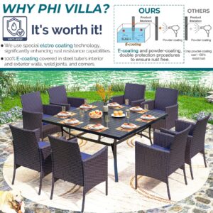 PHI VILLA 9 Pieces Square Outdoor Dining Set for 8, 60” Metal Iron Dining Table & Rattan Wicker Chairs with Cushions, Large Dining Furniture Set for Patio, Deck, Yard, Porch