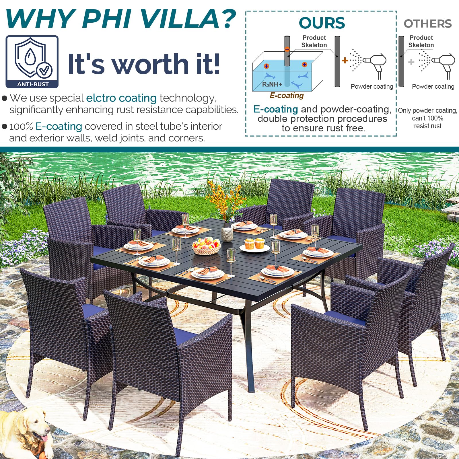 PHI VILLA 9 Pieces Square Outdoor Dining Set for 8, 60” Metal Iron Dining Table & Rattan Wicker Chairs with Cushions, Large Dining Furniture Set for Patio, Deck, Yard, Porch