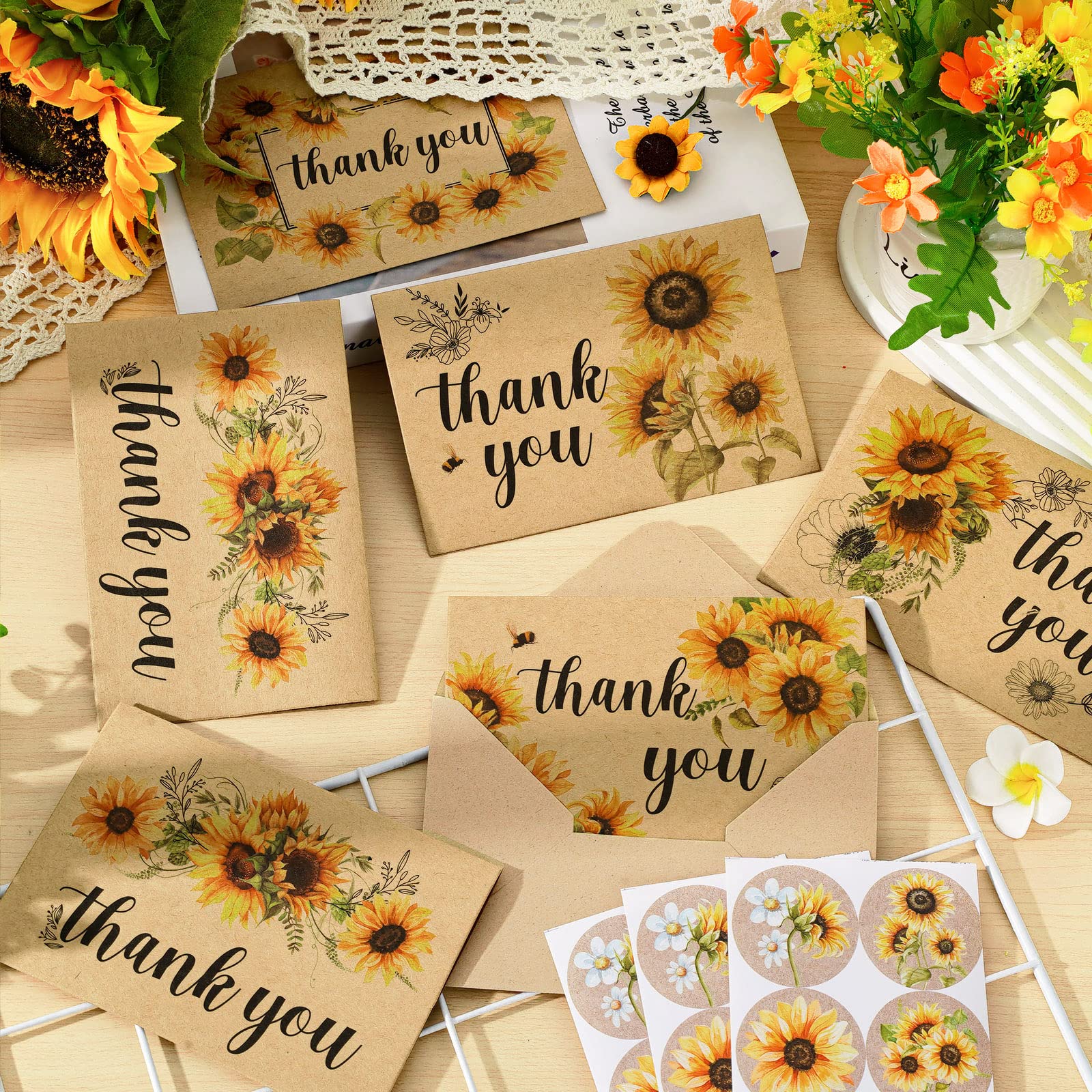 AnyDesign 36 Pack Kraft Sunflower Thank You Cards Assortment Bulk Spring Summer Flower Blank Note Cards with Envelope Stickers Floral Thank You Greeting Cards for Wedding Baby Bridal Shower, 4 x 6