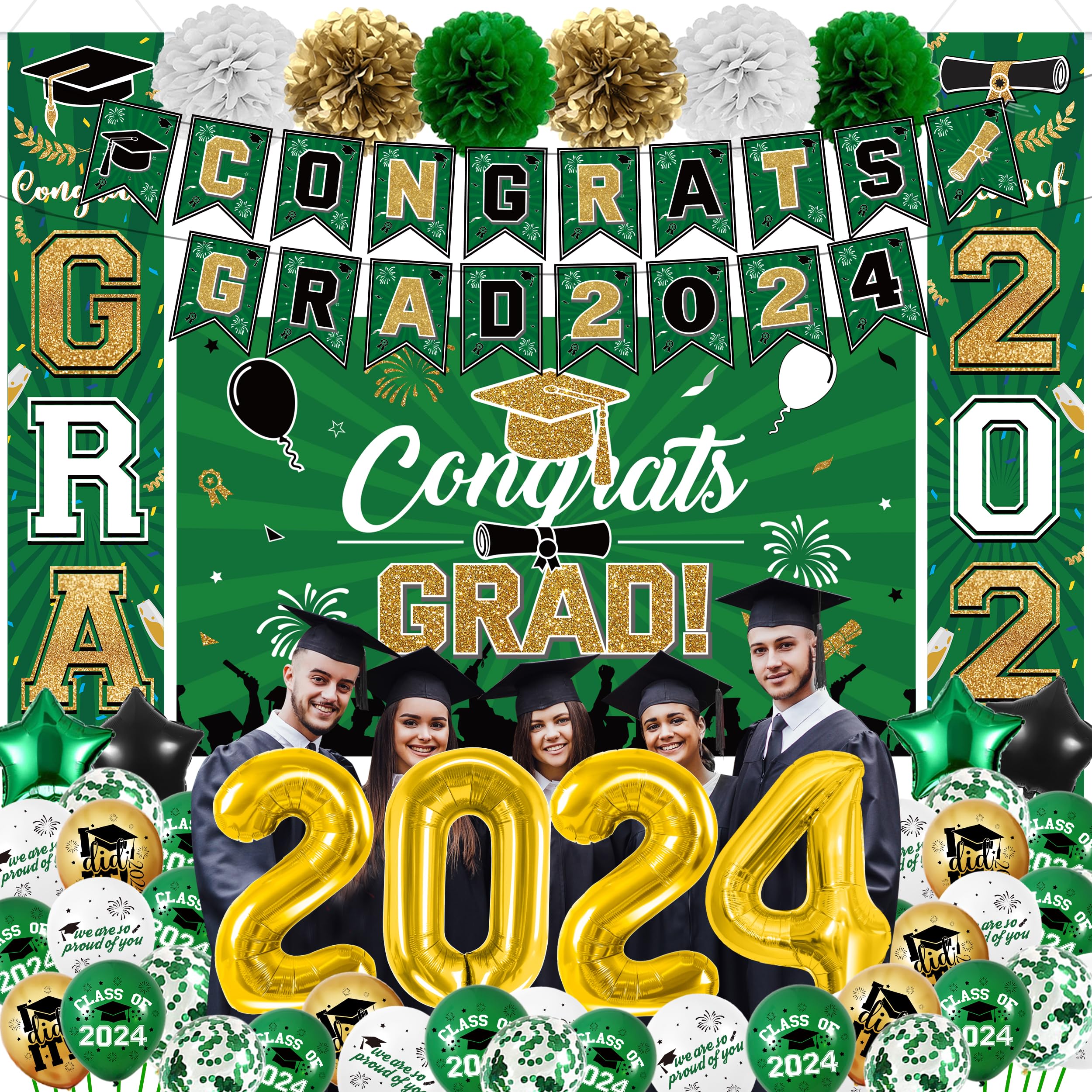 Green Gold Graduation Party Decorations 2024,Class of 2024 Graduation Party Supplies Include Congrats Grad Banner, Grad Backdrop, Porch Sign,Balloons,Foil Number 2024 for Graduation Party Supplies