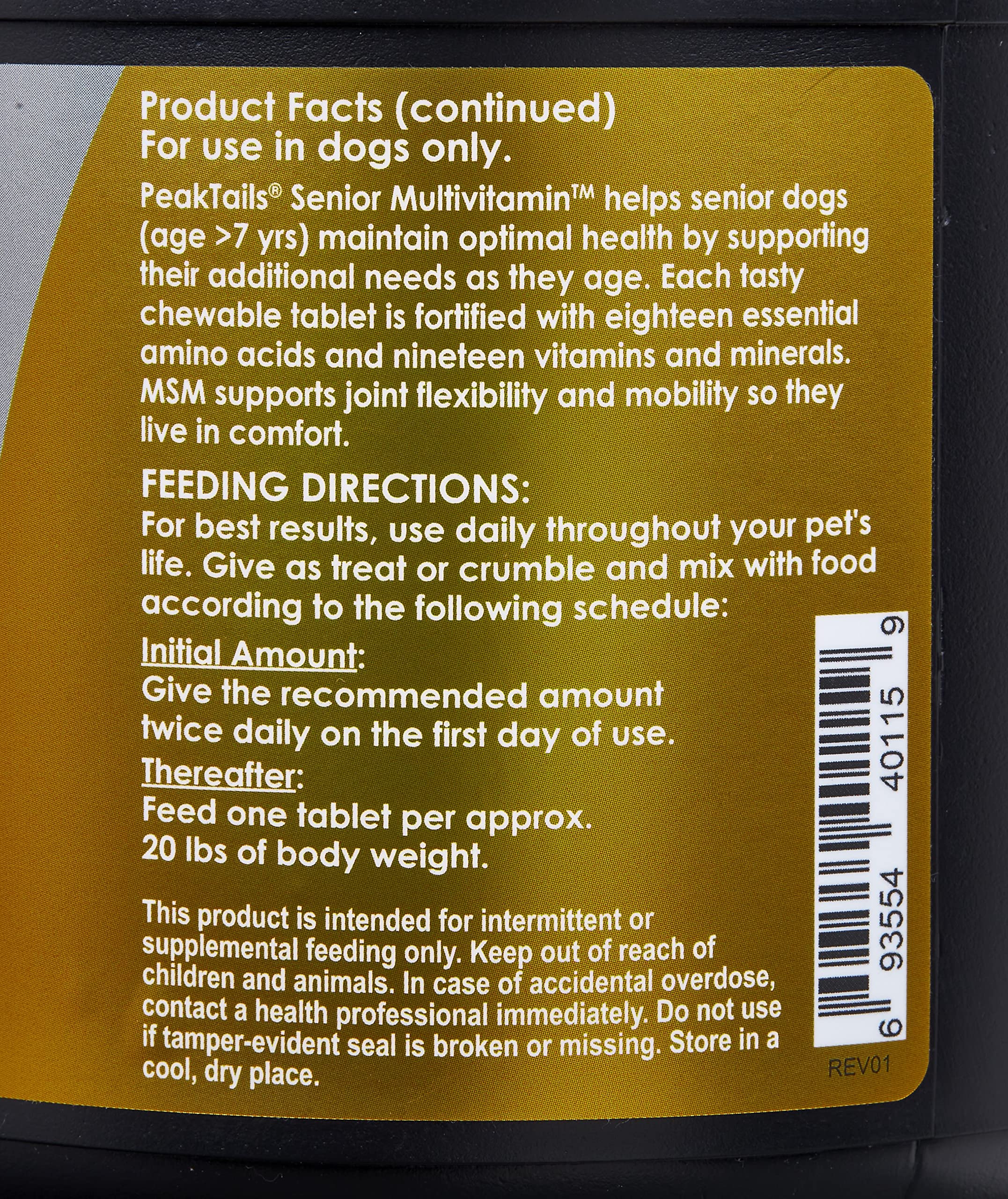 Kala Health PeakTails Senior Multivitamin for Dogs, Hip and Joint Support, Healthy Skin, Shiny Coat, Contains antioxidants and 18 Essential Amino acids and 19 Vitamins and Minerals, 150 Count