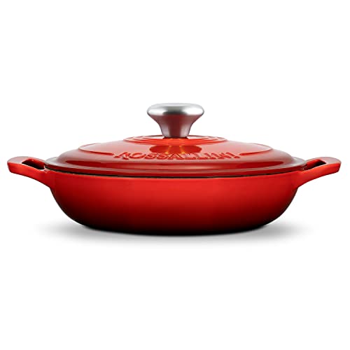 ROSSALLINI Signature Enameled Cast Iron Braiser, Non-Stick Serving Pot with Tight Fitting Lid for Perfect Roasting, Baking, Sauteing, Searing, and Pan Frying | 3.5Q (3.3L) - Red