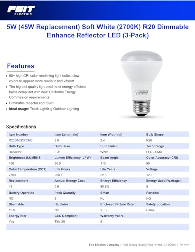 Feit Electric R20 LED Light Bulb, 45W Equivalent, Dimmable, 2700K Soft White, 450 Lumens, 90 CRI, E26 Base, Damp Rated, Recessed and Track Lighting Bulbs, 22-Year Lifetime, R20DM/927CA/3, 3 Pack