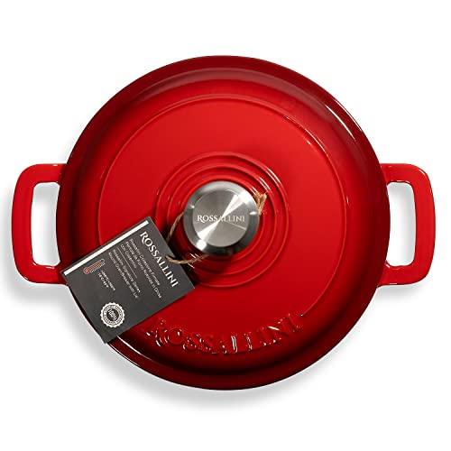 ROSSALLINI Signature Enameled Cast Iron Braiser, Non-Stick Serving Pot with Tight Fitting Lid for Perfect Roasting, Baking, Sauteing, Searing, and Pan Frying | 3.5Q (3.3L) - Red