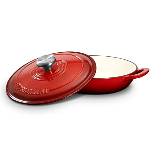 ROSSALLINI Signature Enameled Cast Iron Braiser, Non-Stick Serving Pot with Tight Fitting Lid for Perfect Roasting, Baking, Sauteing, Searing, and Pan Frying | 3.5Q (3.3L) - Red