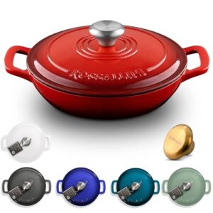 rossallini signature enameled cast iron braiser, non-stick serving pot with tight fitting lid for perfect roasting, baking, sauteing, searing, and pan frying | 3.5q (3.3l) - red