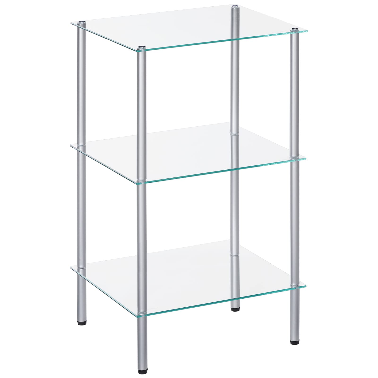 HOOBRO Glass Shelf, 3 Tier Standing Shelf Unit, Durable Glass Shelving Stand for Small Space, Space-Saving, for Bathroom, Bedroom, Home Office, Tempered Glass, Steel Frame, Silver SV03CJ01